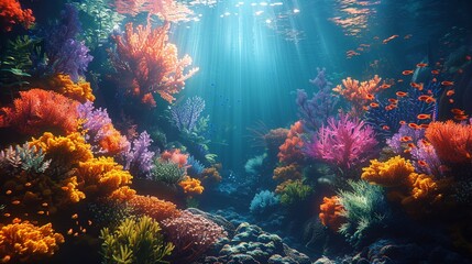 Naklejka na ściany i meble Render of an underwater scene with vibrant coral reefs and deep-sea creatures illuminated by shafts of light