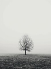 b'Black and white photo of a tree in a foggy field'