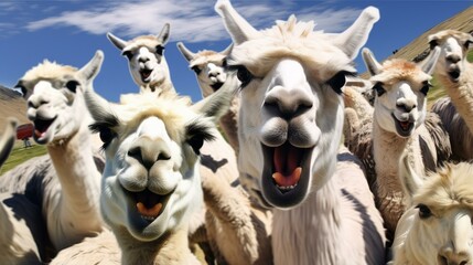 Obraz premium b'A group of llamas with their mouths open and looking at the camera'