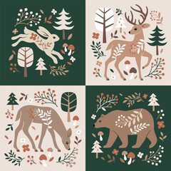 Cute woodland animals, mushrooms and leaves. Hand drawn Scandinavian woodland illustration. 