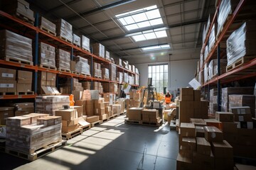 b'A warehouse with a forklift and many boxes on shelves'