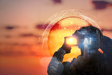 A photographer silhouetted against a vibrant sunset, with a futuristic AI network overlay...