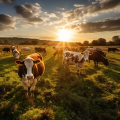 b'Herd of cows grazing on a lush green pasture at sunset'