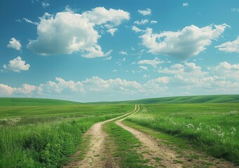 b'Countryside dirt road through green fields'