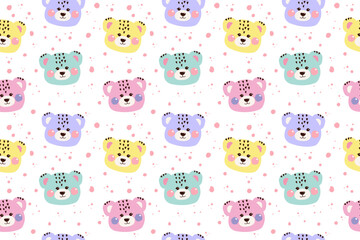 Obraz premium Seamless pattern on white background with cute handwtitten doodle colorful kawaii lovely turquoise, pink, yellow, purple bear face, head for nursery, print or textile, fabrics