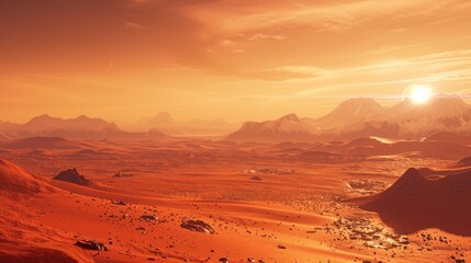 Fototapeta premium Wide panorama of mars - the red planet - landscape with mountains and impact crater during sunrise or sunset - 3D illustration. High quality photo