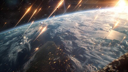 Comet and Meteor: An illustration of a meteor shower seen from space - obrazy, fototapety, plakaty