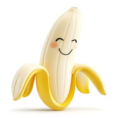 Delighted peeled banana character with a grin on white background