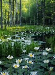 White water lilies in a green pond surrounded by trees