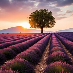 b'Lavender field with a tree at sunset'