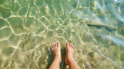 bare feet are resting in the shallow part of a clear ocean - obrazy, fototapety, plakaty