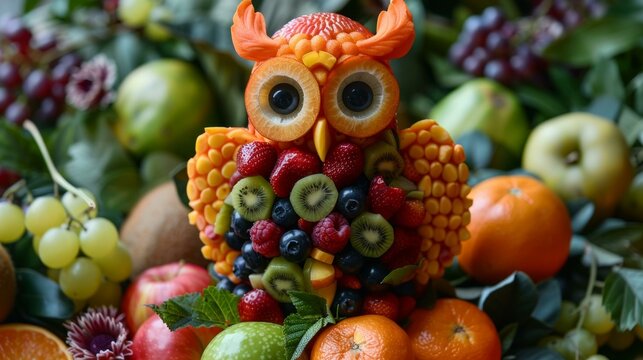 b'A Fruit Owl Made of Kiwi, Berries, and Oranges'
