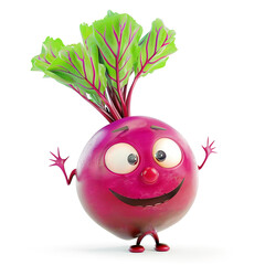 Excited beetroot character with waving hands on white background