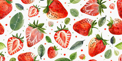 A pattern of whole and halved strawberries interspersed with green leaves on a white background. Bright, vibrant, and fresh design.