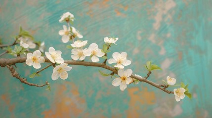b'White cherry blossoms on a branch with a blue background'
