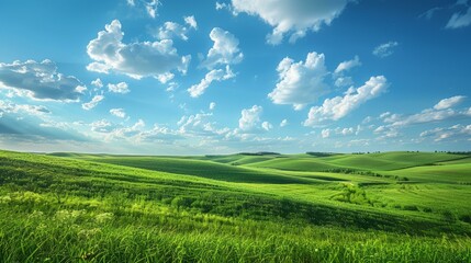 b'Scenic landscape of green rolling hills under blue sky with white clouds'