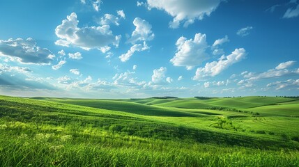 Fototapeta premium b'Scenic landscape of green rolling hills under blue sky with white clouds'