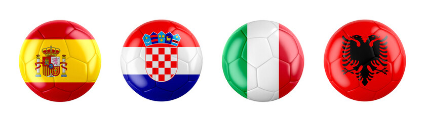 Euro 2024 Germany GROUP B teams ball flags. Transparent background. 3d illustration .	