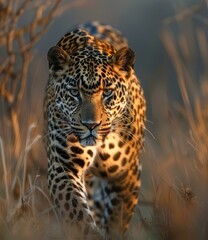 b'A leopard is walking in the tall grass'
