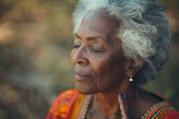 Grateful Senior African American woman closing eyes in Spiritual contemplation standing outside,...