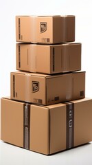 b'Four cardboard boxes stacked vertically with brown tape' - obrazy, fototapety, plakaty
