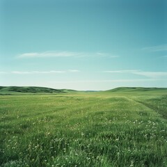 Fototapeta premium b'Vast green grassland under blue sky'