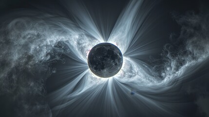 Eclipse: A 3D illustration of a total solar eclipse, with the sun completely obscured by the moon