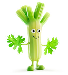 Smiling 3D celery character holding leaves, standing against white