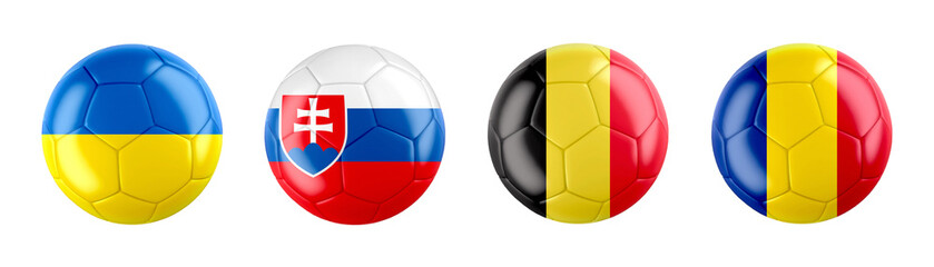 Euro 2024 Germany GROUP E teams ball flags. Transparent background. 3d illustration .	