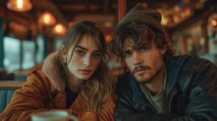 b'A young man and woman are sitting in a restaurant looking at the camera.'