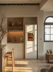An elegant kitchen with a large fridge and a bar counter