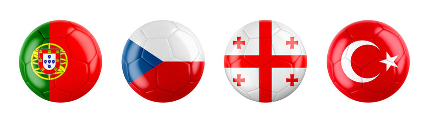 Euro 2024 Germany GROUP F teams ball flags. Transparent background. 3d illustration .	