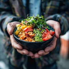 A person is holding a bowl of food. The bowl is filled with rice, vegetables, and avocado. The person is wearing a blue shirt. - obrazy, fototapety, plakaty
