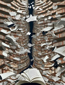 Upside-Down Books and Dysgraphia: "Surreal dysgraphia theme, floating books, illegible writing, surreal struggle depicted."