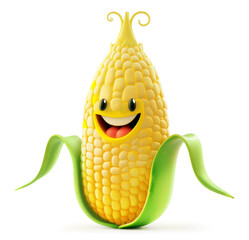 Animated corn cob with a joyful expression and green husk over white background