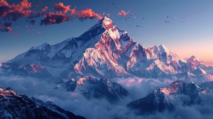 b'Mount Everest in the Himalayas at sunset' - obrazy, fototapety, plakaty