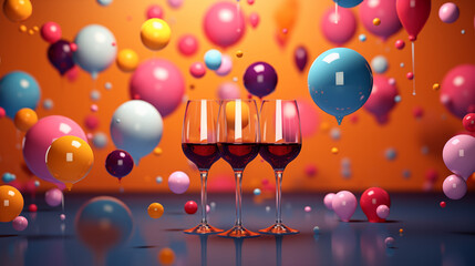3d illustration of party and celebration concept. couple wine glasses and colorful balloons on vibrant background. - 794109775