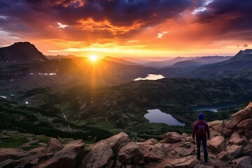b'Hiker on mountain peak watching sunset over mountain valley landscape'