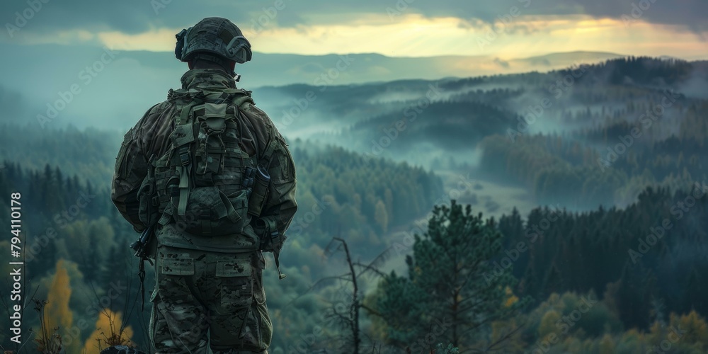 Wall mural soldier looking out over a forest