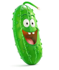 Smiling green pickle character with a stem, on a white background