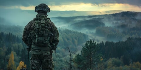 Soldier looking out over a forest - obrazy, fototapety, plakaty
