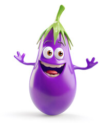 Excited purple eggplant character with arms and a big smile isolated on white