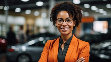 b'Portrait of a successful African-American businesswoman standing in a car dealership showroom'