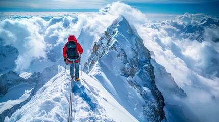 b'Mountaineer on the summit of a snow-capped mountain' - obrazy, fototapety, plakaty