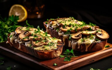 Gourmet Mushroom Melt Sandwich on Wooden Board