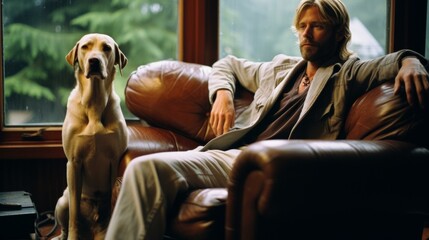 b'A man and his dog are sitting on a couch and looking out the window.'