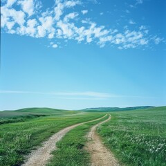 Fototapeta na wymiar b'The dirt road through the grassy hills'