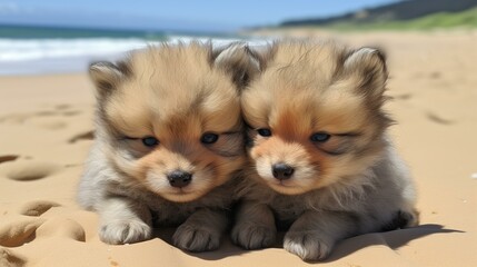b'Two Adorable Pomeranian Puppies on the Beach'