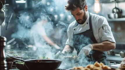 Chef is cooking in a restaurant kitchen - obrazy, fototapety, plakaty