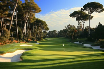 b'Fairway of a golf course with green grass, sand bunkers, and trees'